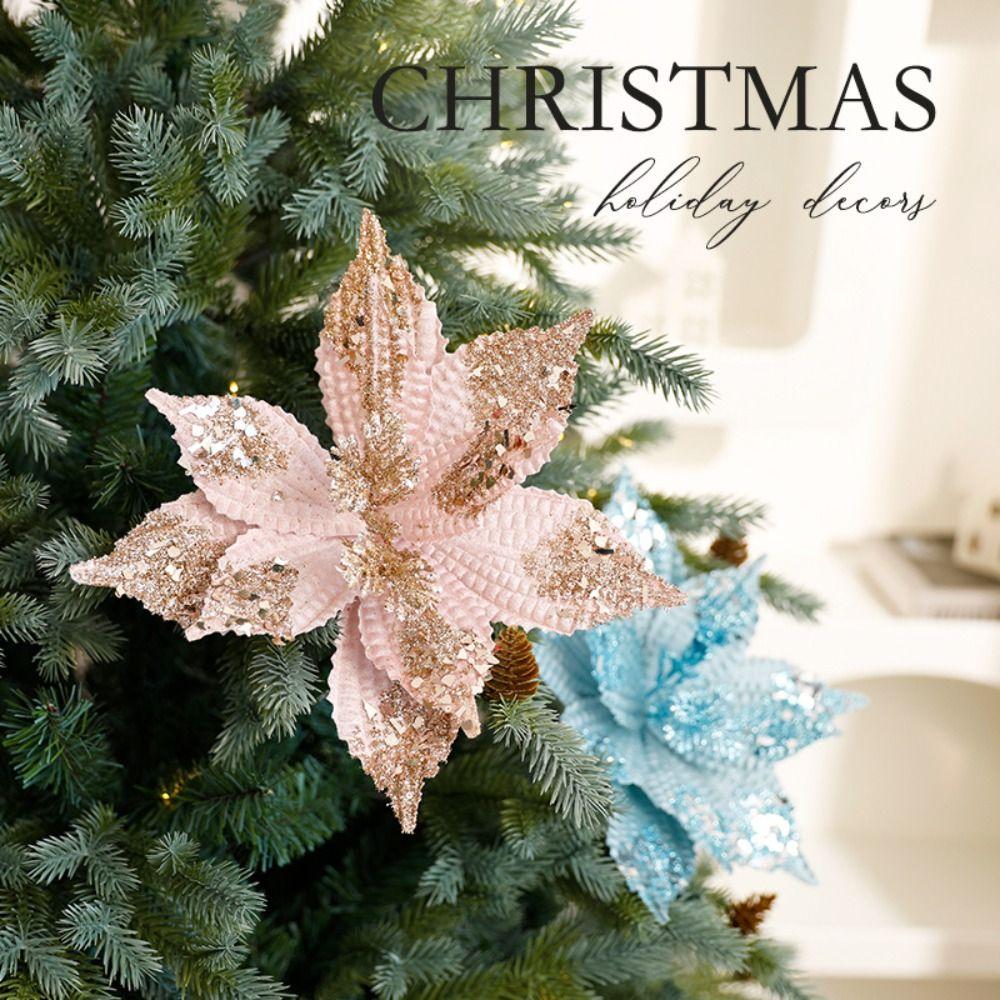 Flower Head Artificial Christmas Flowers Handmade Multi-color Simulated Christmas Flower Glitter DIY Xmas Tree Ornaments