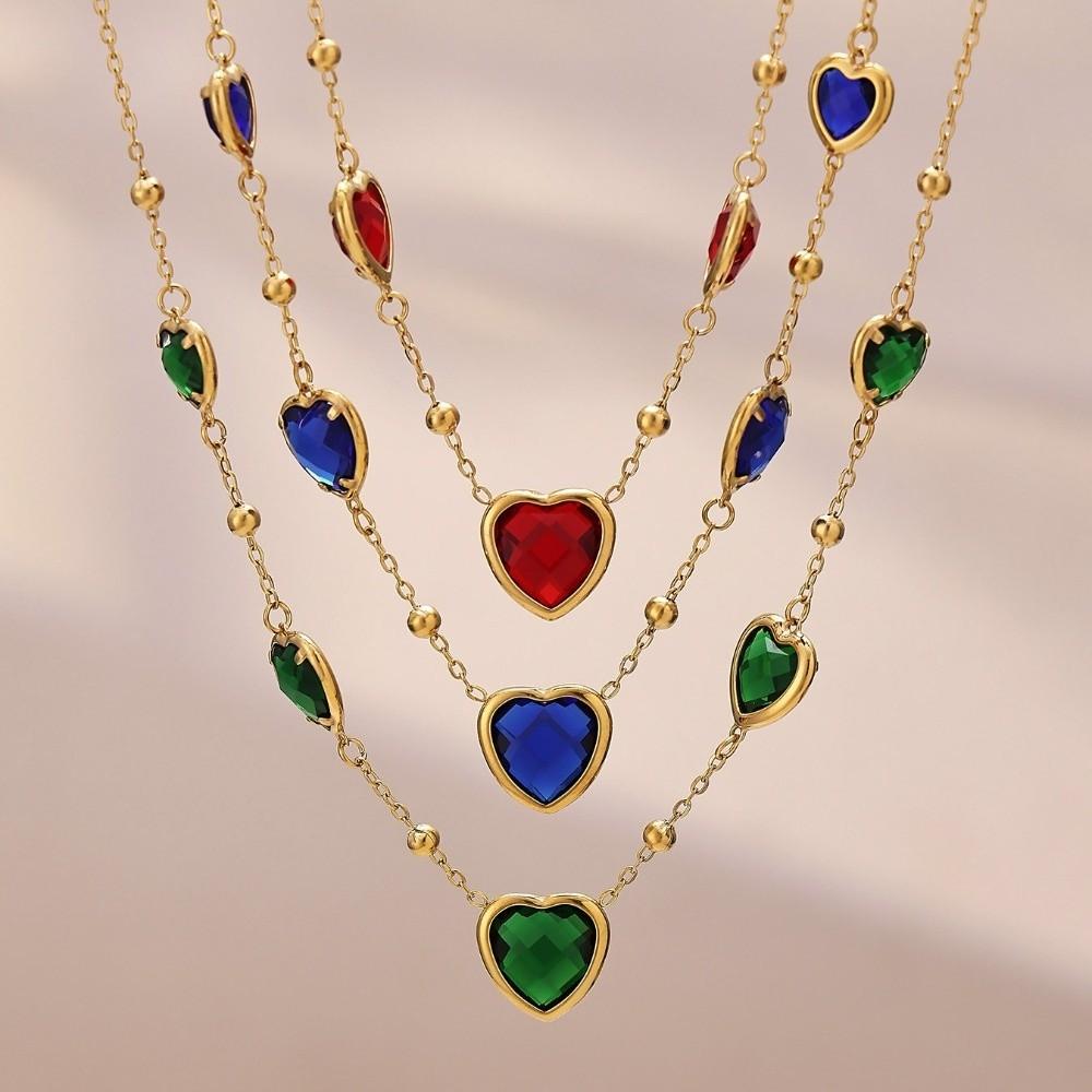Colorful Heart-shaped Jewelry Set Stainless Steel Earrings Hand Chain Heart Glass Necklace  Gift
