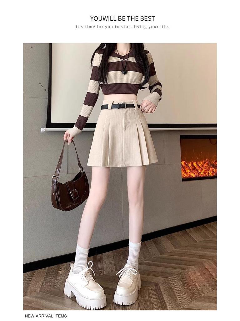 Women's Khaki Corduroy Pleated Midi Skirt: High Waist Petite A-Line, Autumn Winter 2025 Collection