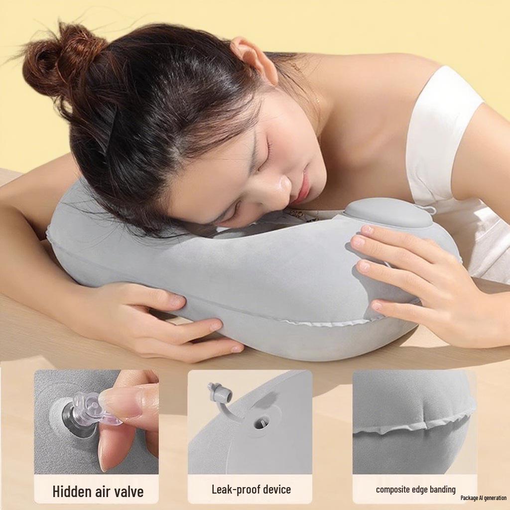 Inflatable U-Shaped Travel Neck and Back Support Pillow for Airplane & Train