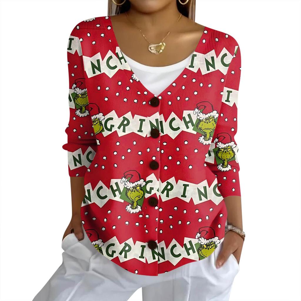 Women's Fashion Casual Knit Sweater Button-Up Christmas Print Cardigan Jacket