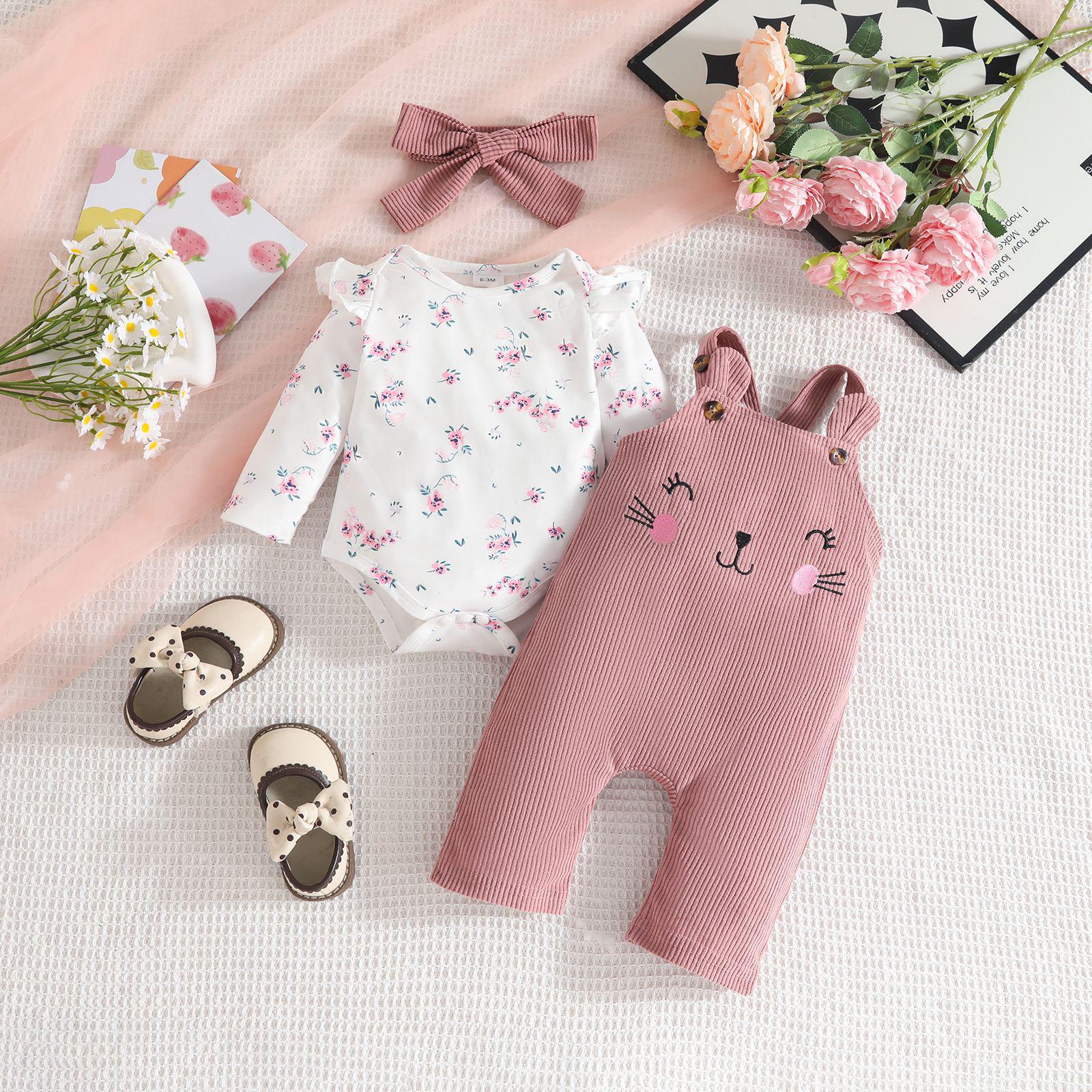 Floral Long Sleeve Bodysuit & Animal Corduroy Overalls Set for Baby Girls 6-9 Months розовый