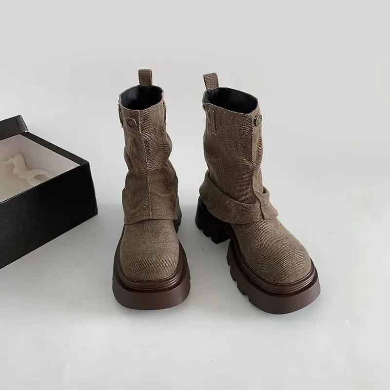 

Женские полусапоги с круглым носком в западном стиле на платформе, женские сапоги до середины икры, панк из искусственной кожи, новая мода 2024, удобные и элегантные, шик 40