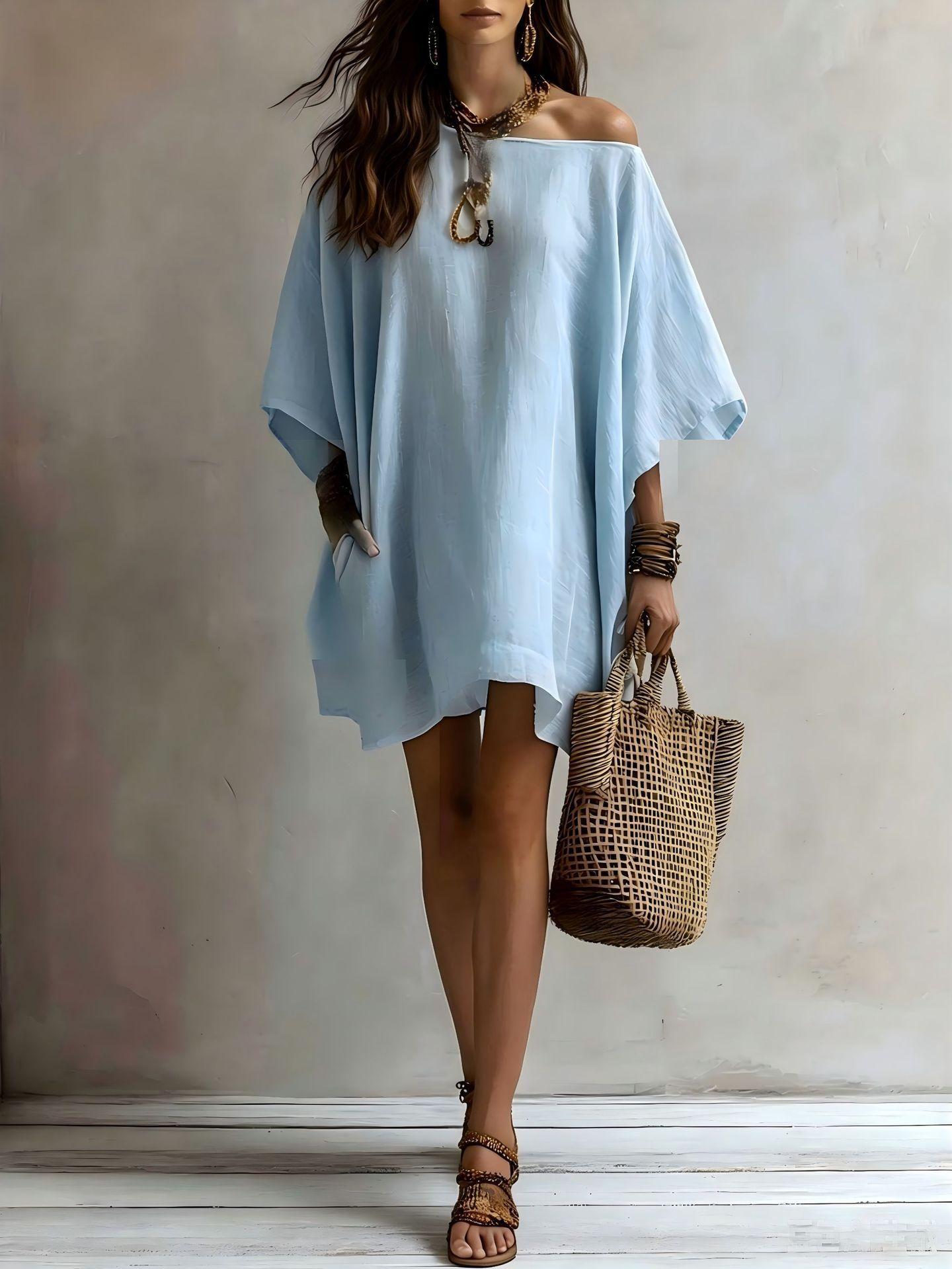 Summer Casual Fashion Cotton-Linen Blend Off-the-Shoulder Batwing-Sleeve Loose-Fit Dress for Women S