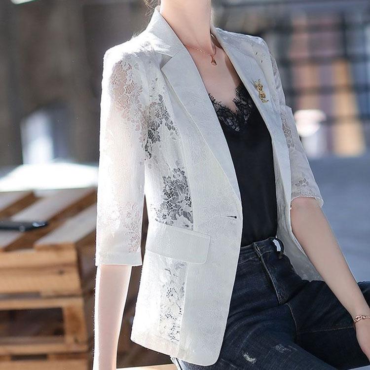 Terno de renda estampado emagrecimento versão coreana primavera e verão moda feminina estilo fino terno casaco protetor solar feminino