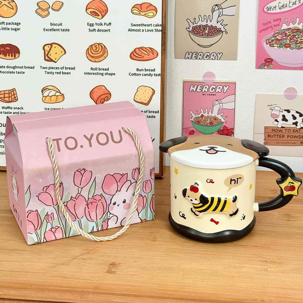 Smart Dachshund Dog Ceramic Cup Mug with Lid Student Water Cup Home Souvenir Birthday Gift Couple Cup