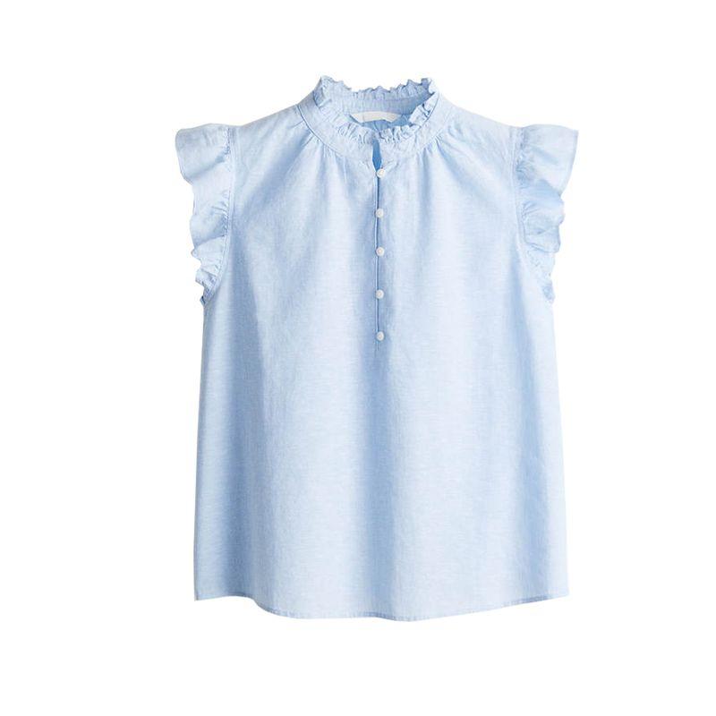 

Summer Women s Clothing Casual Style Frill Collar Linen Blend Loose Fashion Short Sleeve Shirt Tops 1257235 Light Blue L