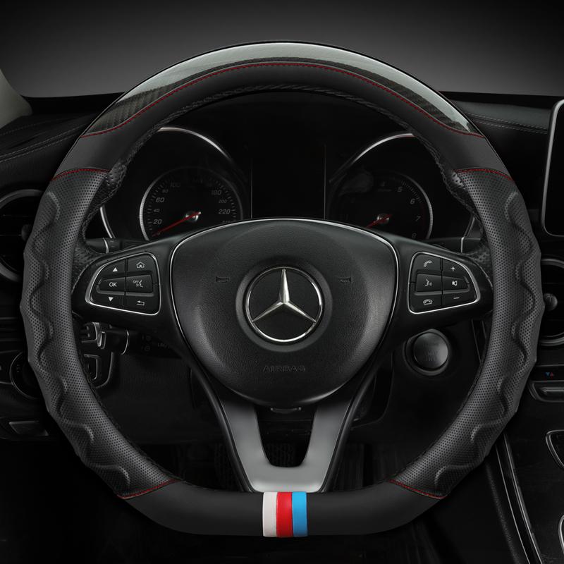 Skórzana osłona na kierownicę do samochodu z włókna węglowego do modeli Mercedes Ben AMG 38cm A C CLA E GLA GLC GLE S B CLS klasa