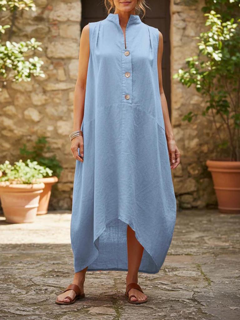 Women's 2026 Sleeveless Cotton Linen Long Dress with Stand Collar - Casual & Loose Fit