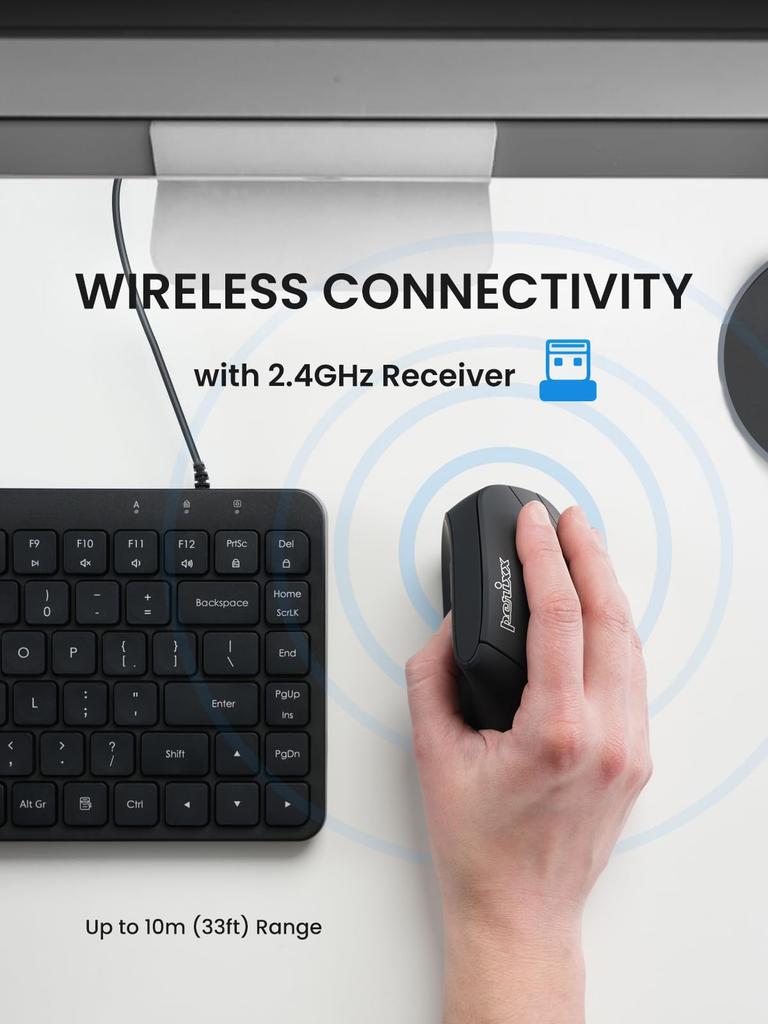 Perixx Wireless Rechargeable Vertical Wired and Wireless Charging PERIMICE-715R Mouse, Function, Buttons, Black, Right-Handed