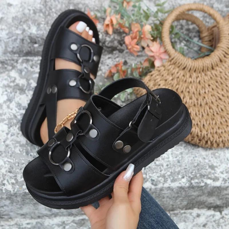 

Женские шлепанцы на толстой подошве, удобные туфли на плоской подошве, новинка 2024 года, женские прогулочные сандалии с открытым носком, дизайнерские повседневные тапочки, лето 35 чёрный