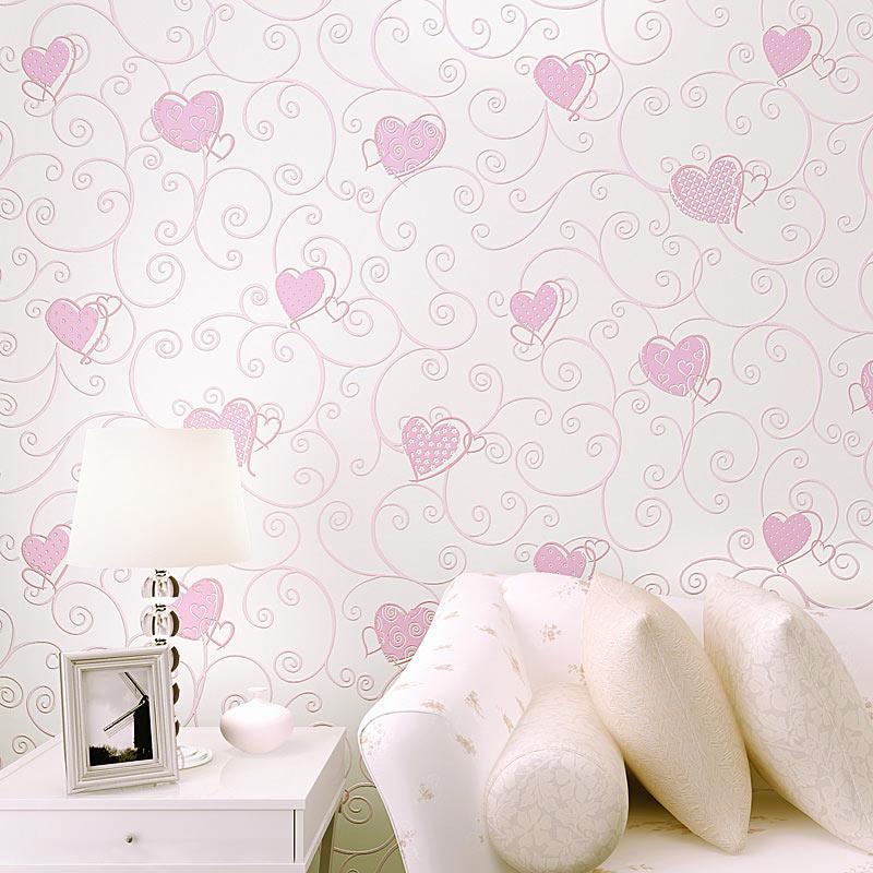 3D Rosa Liebesherz Cartoon Prinzessin Mädchenzimmer Hintergrund Tapetenrolle 3D Geprägt Beflockt Vlies Kinder Wandbelag Papier