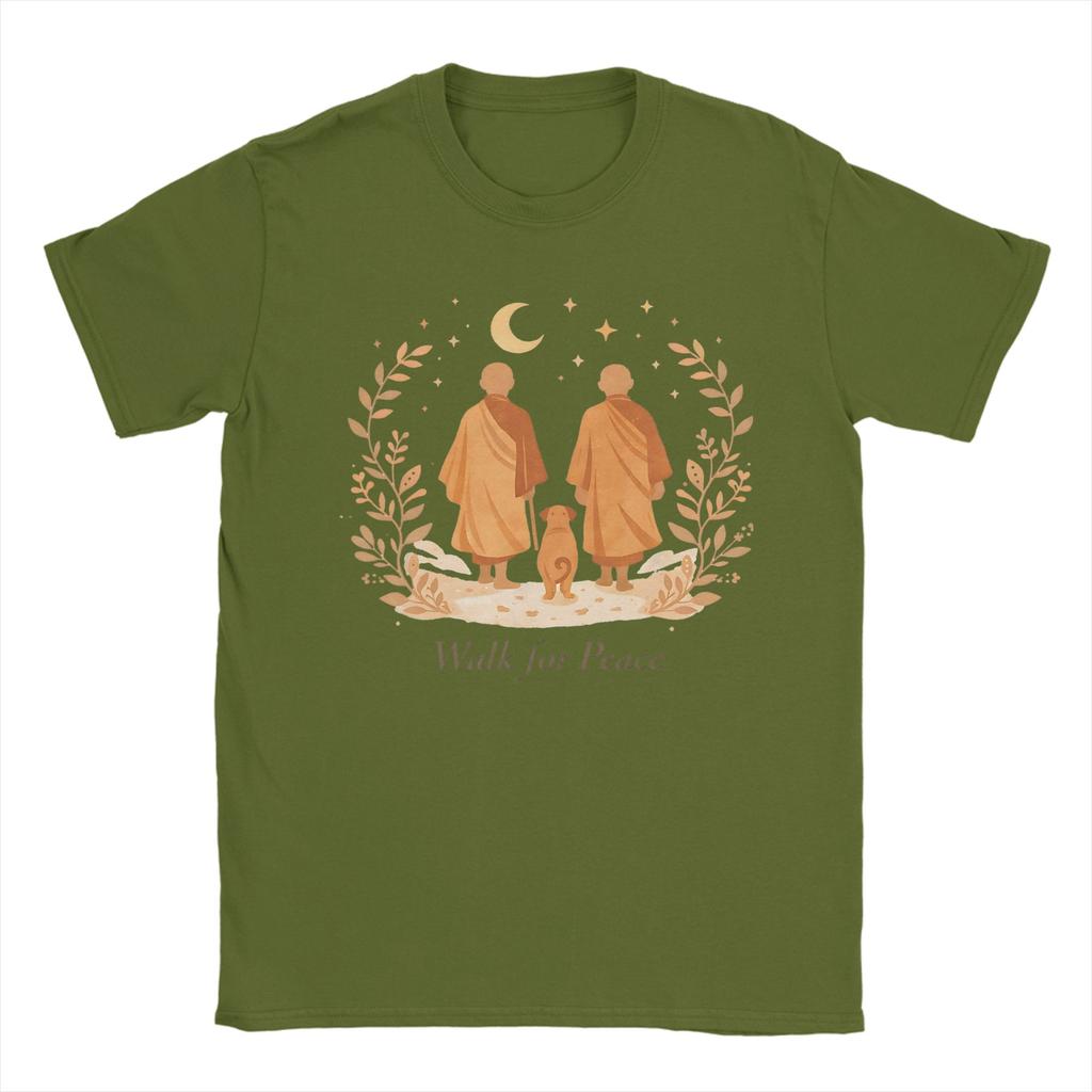 Unisex Damen T-Shirts Zen Kunst Spaziergang für Friedensmönche mit Aloka Hund Spaß Baumwoll-T-Shirts Kurzarm-T-Shirt Oberteile Geschenkidee