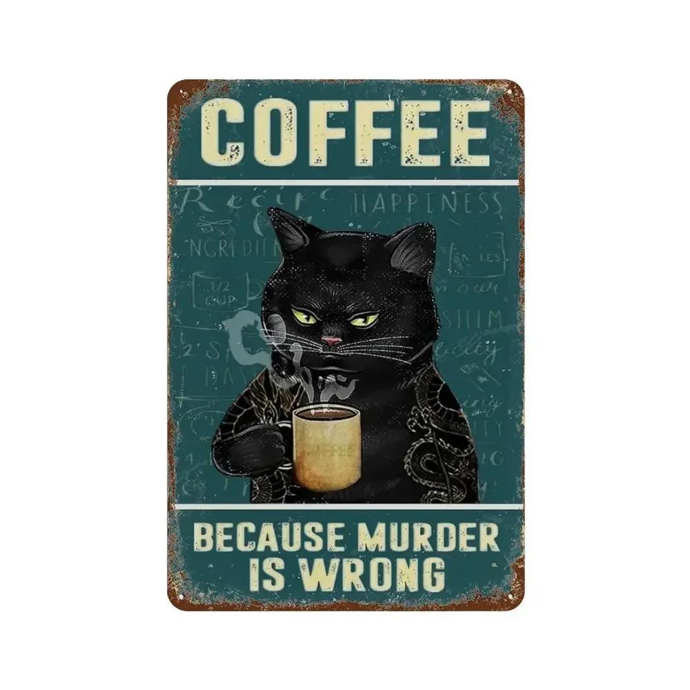 Funny Coffee Sign Retro Cat Posters Metal Tin Sign Vintage Kitchen Signs Coffee Bar Sign Cat Wall Art Poster Cats Home Decor