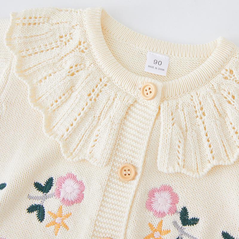 Korean Style Spring and Autumn Lapel Knitted Cardigan for Small and Medium-sized Children, Girls, Embroidery, Children's Sweater Jacket