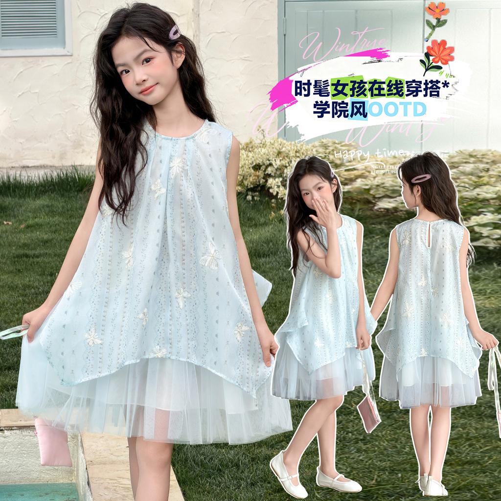 Girls' summer chiffon children's summer sleeveless vest dress, blue embroidered bow mesh princess dress