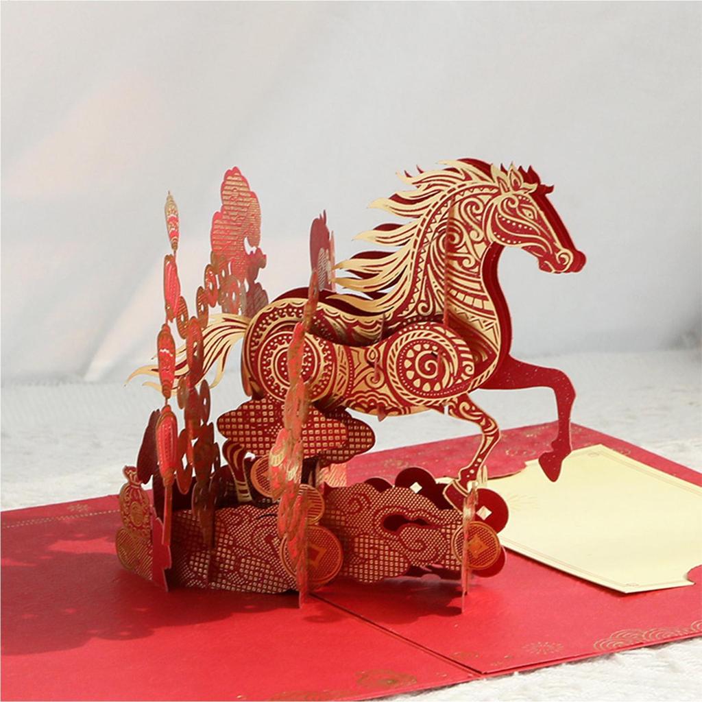 2026 Chinese New Year Retro Metallic Red Gold Foil Greeting Card Year Of The Horse 3D Greeting Card Gold Foil Festival Gift Card