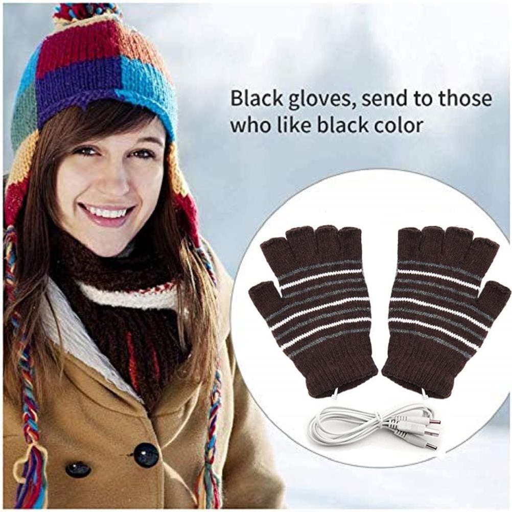 USB Heated Gloves Mitten for Men Women Striped Knit Fingerless Gloves Winter Hands Warmer Laptop Gloves for Adults