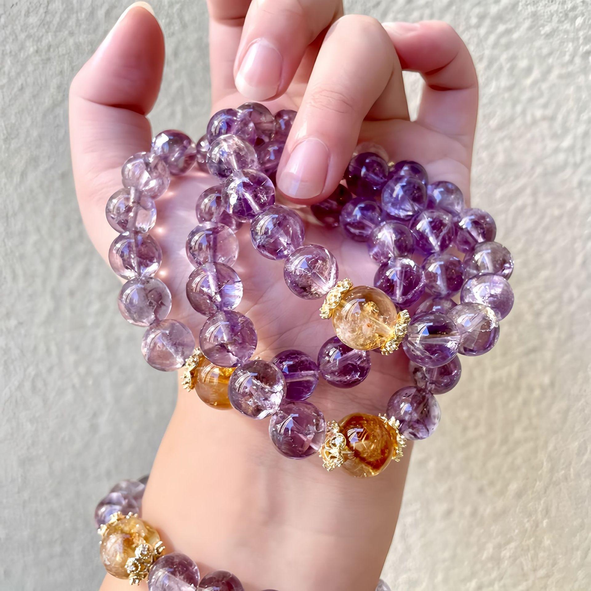 

Amethyst bracelet for female friends, purple Azeztulite crushed ice beads, high-end feel, brings good luck Purple Acai+Yellow Pagoda