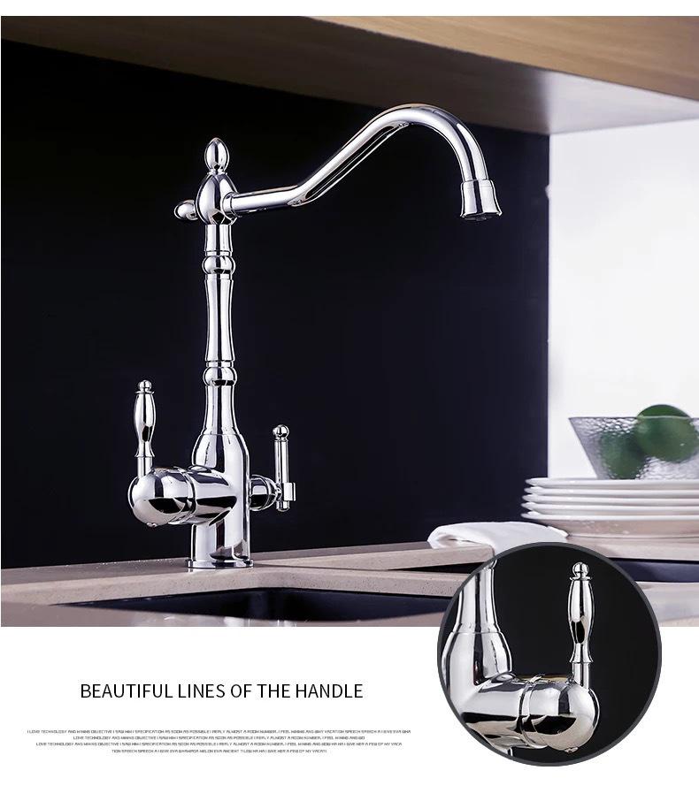 Antique Gold All-Copper 3-in-1 Kitchen Faucet: Hot/Cold Water for Sink & Vegetable Wash Basin, Splash-Proof Design