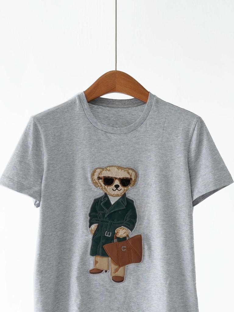 Early Spring Women's T-Shirt: 100% Long-Staple Cotton, Heavy Embroidery, Little Bear Design, Round Neck, Short Sleeve.