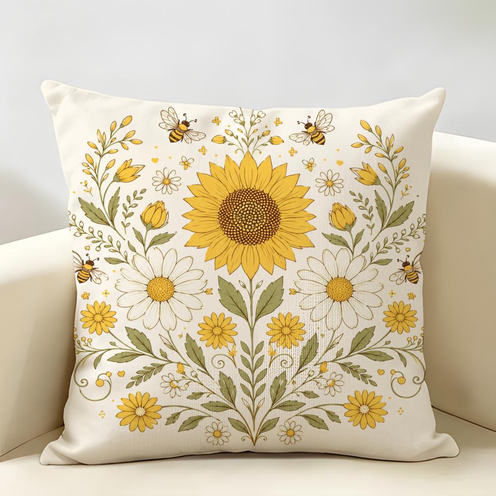 Floral Sunflowers Daisies Bees Butterflies Cushion Cover Durable Hypoallergenic Linen Pillow Cover Washable SkinFriendly