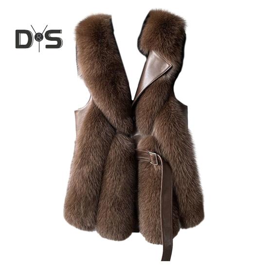 Women Winter Vest Coat Thick Fluffy Faux Fur Cozy Solid Color Sleeveless Button Closure Belt Decor Solid Color Windproof Faux Leather Patchwork Warm