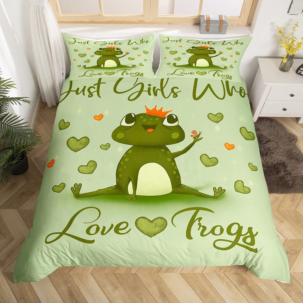 Frog Duvet Cover Set Cute Kawaii Cartoon Frog Pattern King Queen Size Polyester Comforter Cover With Pillowcase For Kids Girls