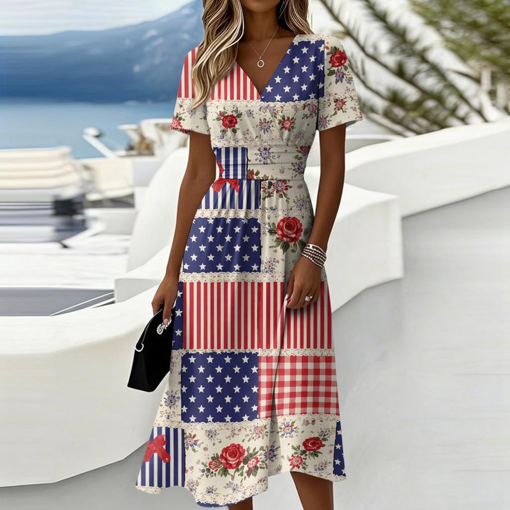 Damen Unabhängigkeitstag Print Lässiges Mode Kurzarm V-Ausschnitt Kleid