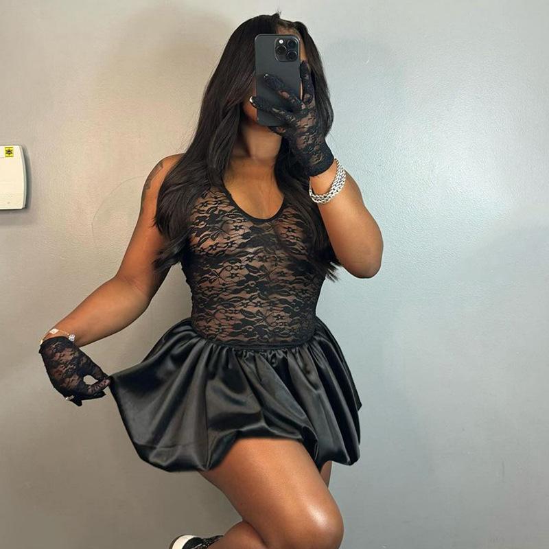 

Осіннє жіноче модне сексуальне мереживне плаття сексуального стилю з завищеною талією. L чорний