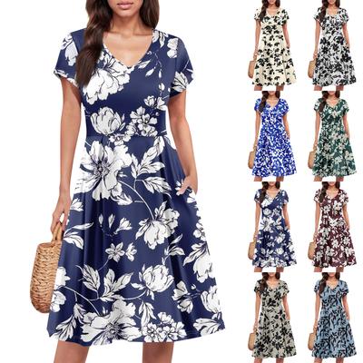 Damen Sommerkleid Kurzarm V-Ausschnitt Kurze Kleider Mode Lässig Fließendes A-Linien Swing-Sommerkleid mit Tasche