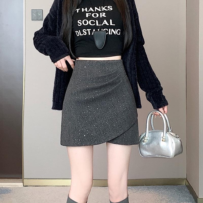 New Autumn/Winter 2025 Sequin Tweed High-Waisted Irregular Slim A-Line Skirt
