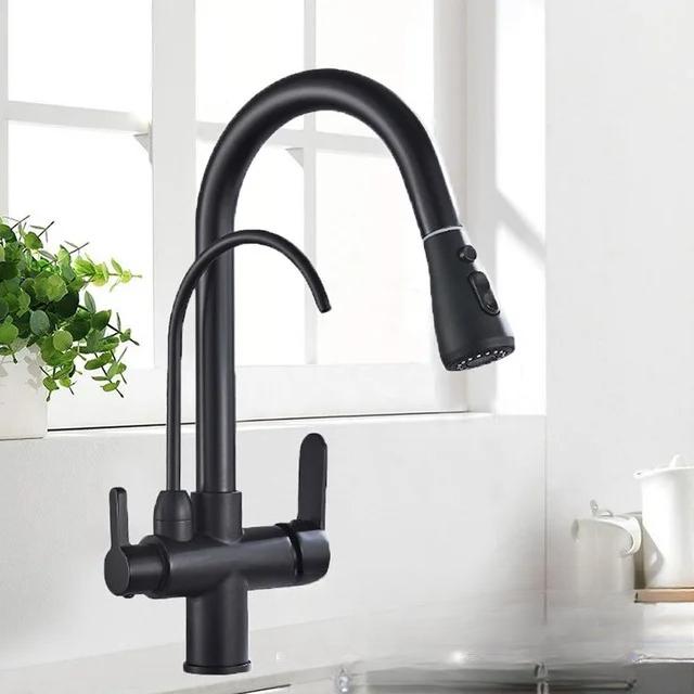 Purification Water Kitchen Faucet Black 360° Rotating Filter Water Faucets Pull Out Sprayer 3 Ways Hot Cold Water Mixer Tap