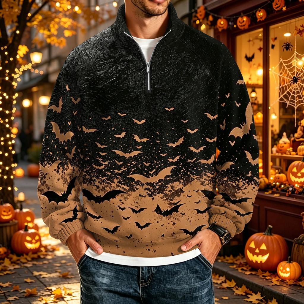 Men's Halloween Print Raglan Sweatshirt Loose Fit Stand Collar Casual Top