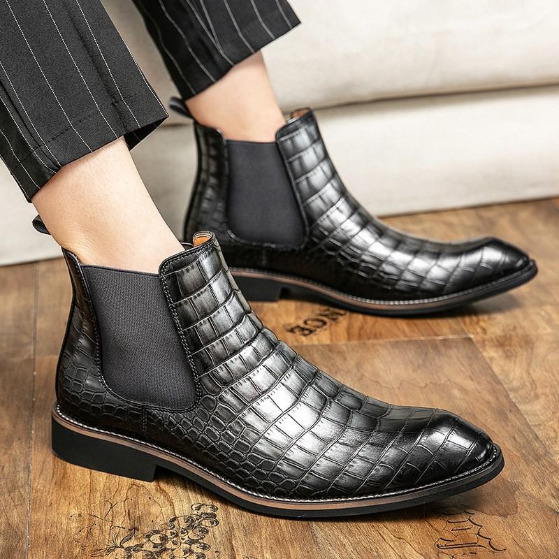 Men's Casual Crocodile Print Boots Low Top Ankle Boots Leather Shoes Autumn Winter Retro British Tooling Men's Boots Tide M219