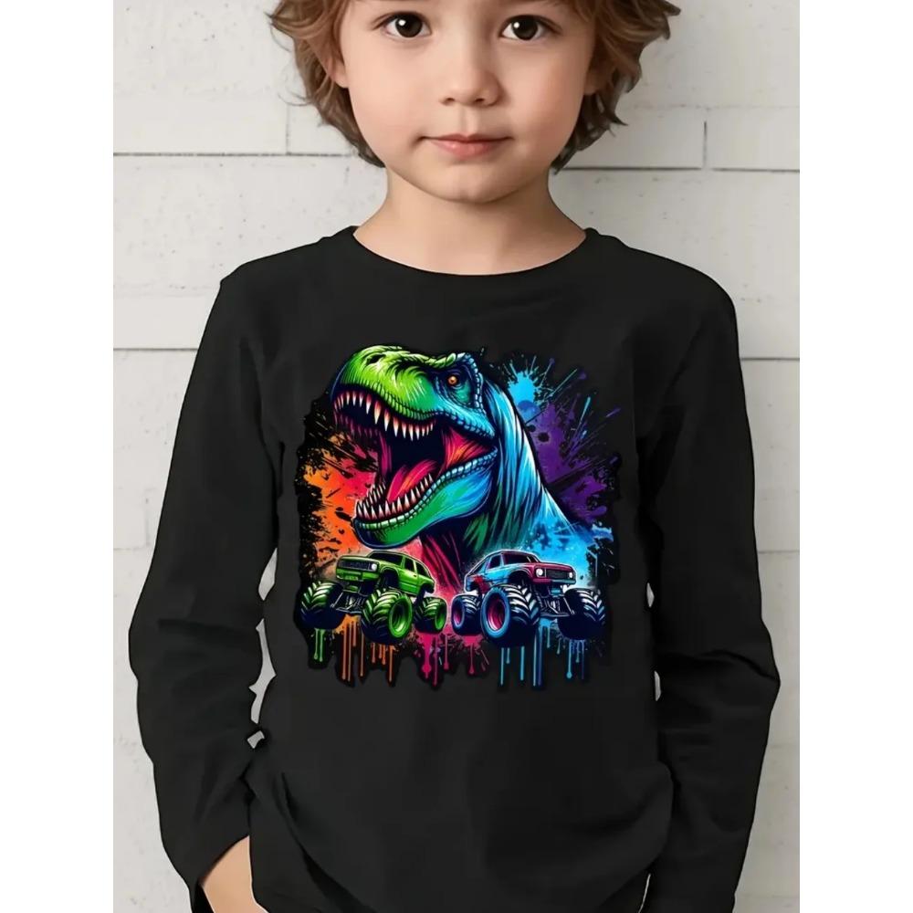 Spring and Autumn Round Neck Funny Cartoon Dinosaurs Pattern 3D Printed Top Fashionable Casual Long Sleeved Children's Boy T-shirts