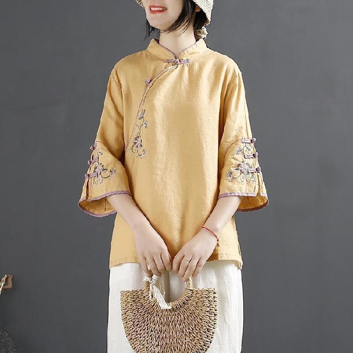 

Plus Size Chinese Stand Collar Embroidered Cotton Linen Shirt L