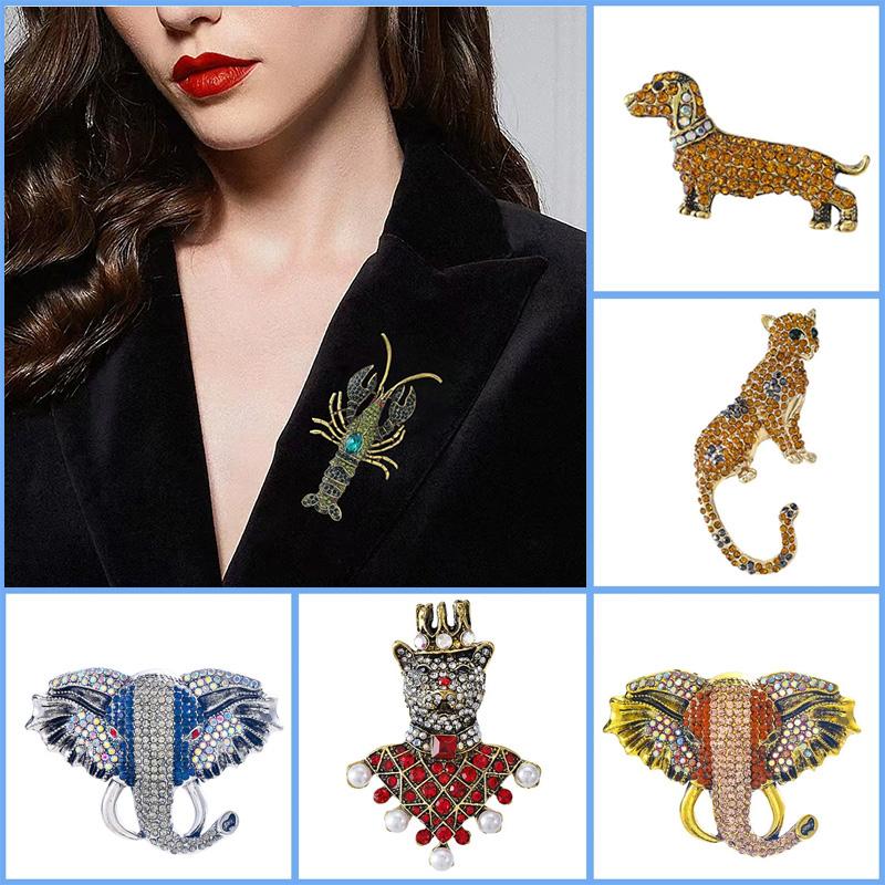 1PC Rhinestone Baroque Style Bear Shrimp Shape For Women Girls Animal Brooches Vintage Coat Suit Accessories Elephant Frog