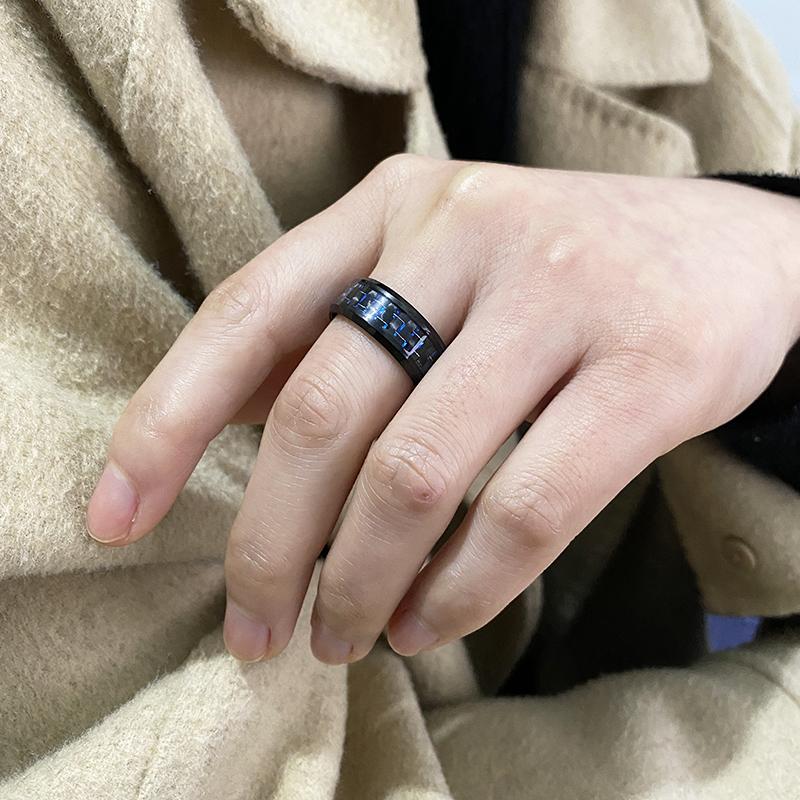 8MM Stainless Steel Black Carbon Fiber Ring Fashion Red/Blue Unisex Cool Charm  Gift for Men Women