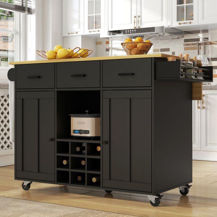 Chariot De Cuisine - MUVOE - Amovible - Noir - 3 Tiroirs - Plateau Pliable