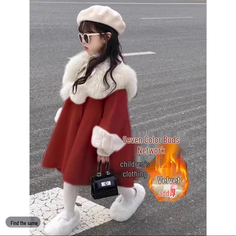 Dívčí vlněný flísový kabát s velkým kožešinovým límcem, korejský styl, silný, módní, na podzim/zimu 2024