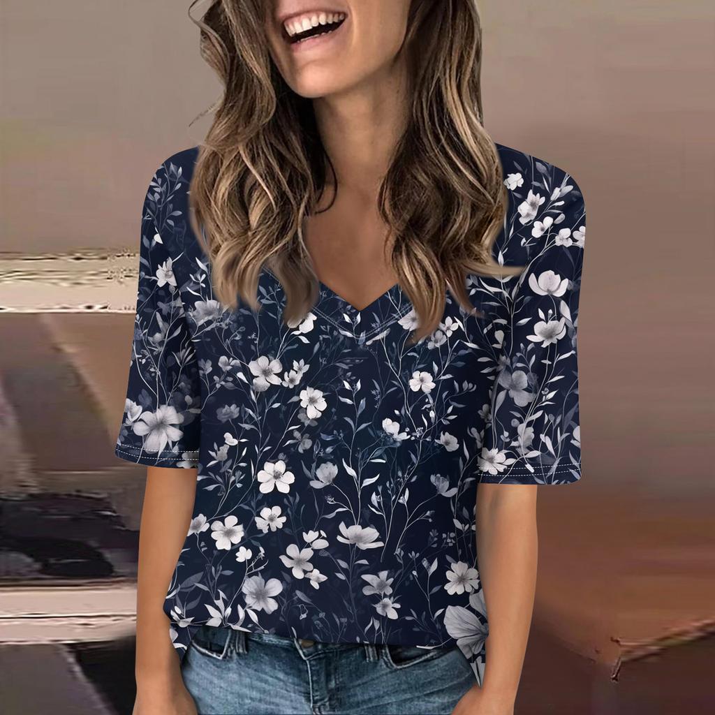 Women's Fashionable Casual Short-sleeved Five-quarter Sleeve Floral Print V-neck Top