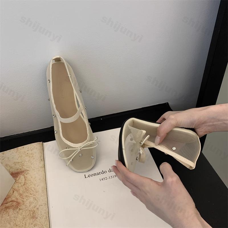 Fashion Women Ballet Flats Shoes Summer Hollow Non Slip Fashion 2025 Rhinestone Women Shoes Mesh Breathable Mary Jane Sandals Rhinestone
