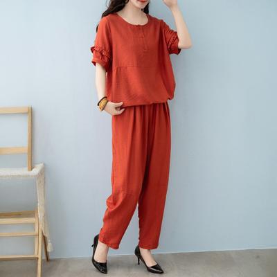 Dámský bavlněný lněný dvoudílný outfit Krátký rukáv Kulatý výstřih Ležérní Krátký top A
