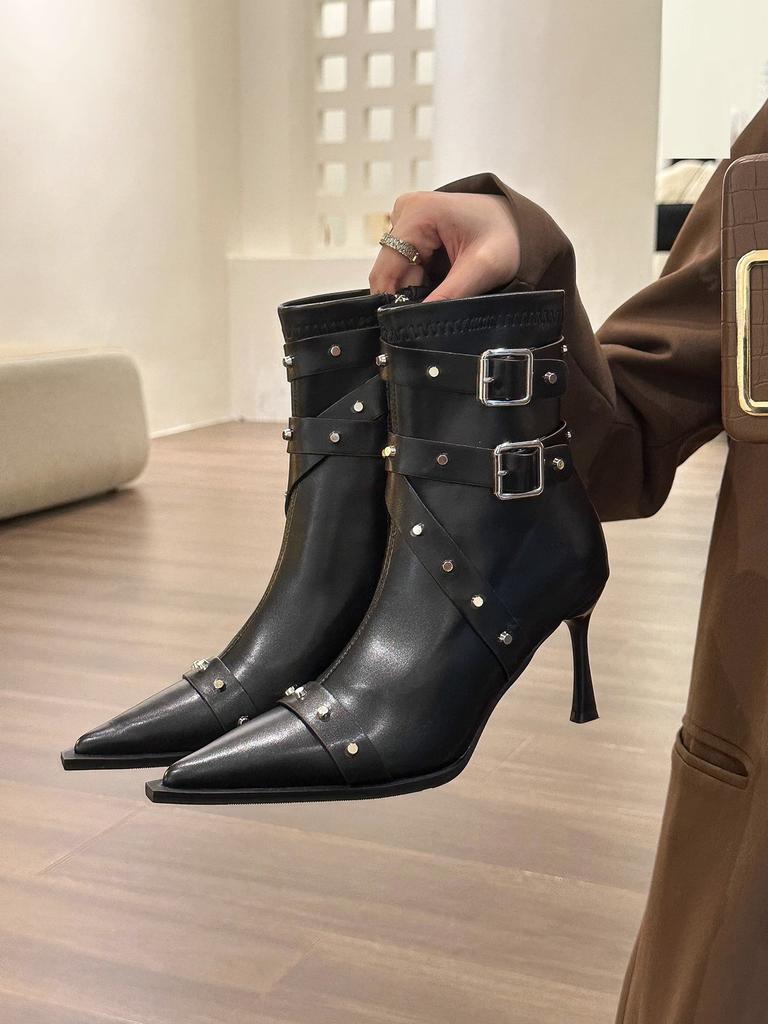 Spice Girl! Black Rivet Pointed High-heeled Short Boots Women's 2025 Autumn New Fashionable Versatile Soft Leather Spring and Autumn Single Boots