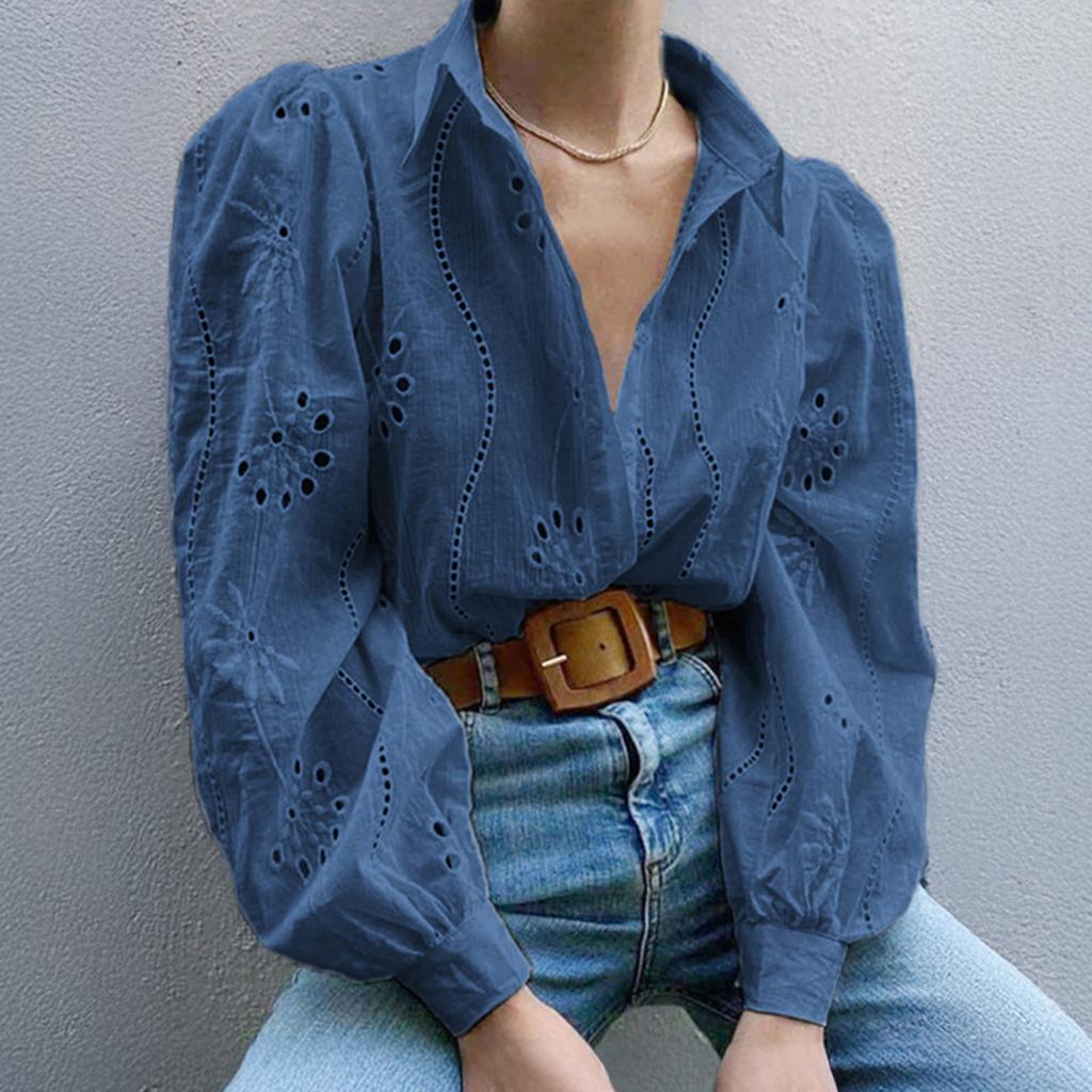 Women's Fashion Casual Hollow-Out Puff Sleeve Solid Color Long-Sleeve Top