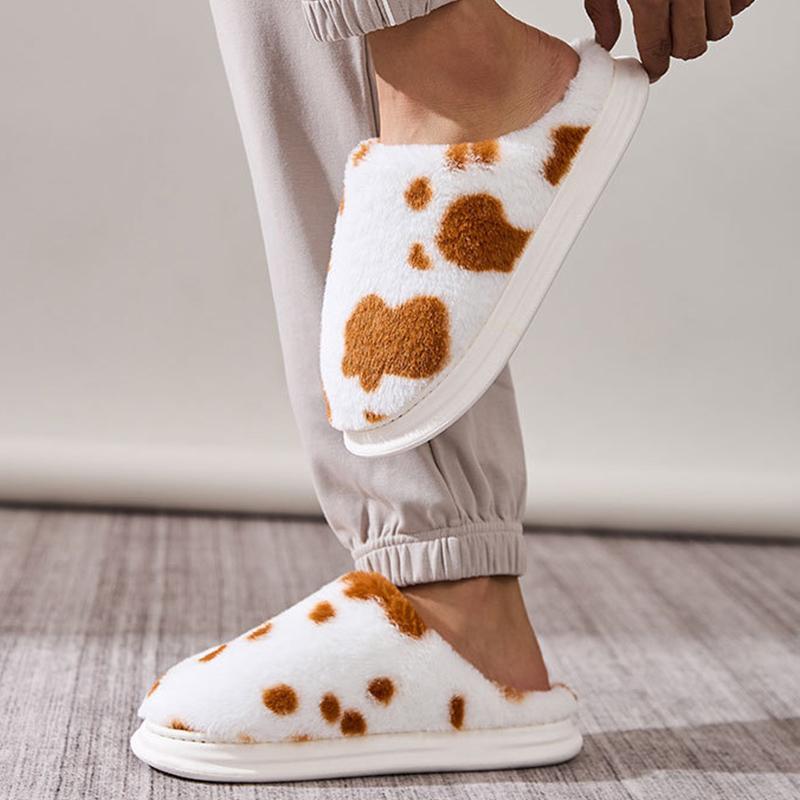 Fashion Mix Color Spotted Cotton Slippers Women Comfort Faux Fur Plush Slippers for Woman Indoor Round Toe Non Slip Fur Slides Ladies