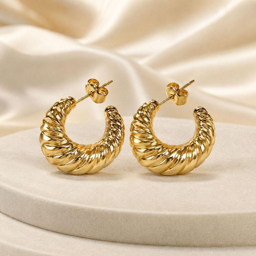 European Luxury Ribbed Gold Stainless Steel Curved Earrings