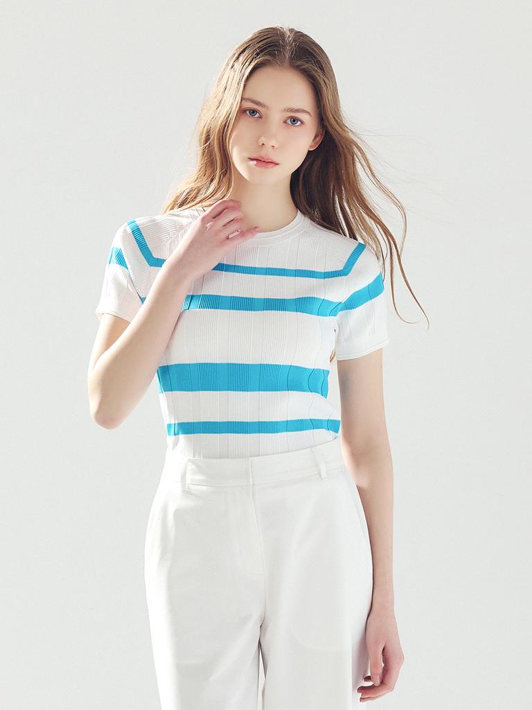 Road Roar Striped Ribbed Round Knit Blue