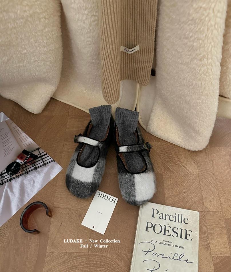 Inner Height Increase Leopard Print Mary Jane Fluffy Shoes Women Wear New Gray Woolen Single Shoes Thick-soled Velvet Cotton Shoes In Winter